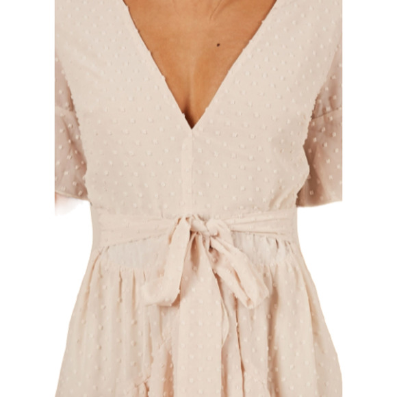 V-Neck RUFFLED Beige Swiss Dot Mini Dress - Showpo - Size 6 - Picture 4 of 7
